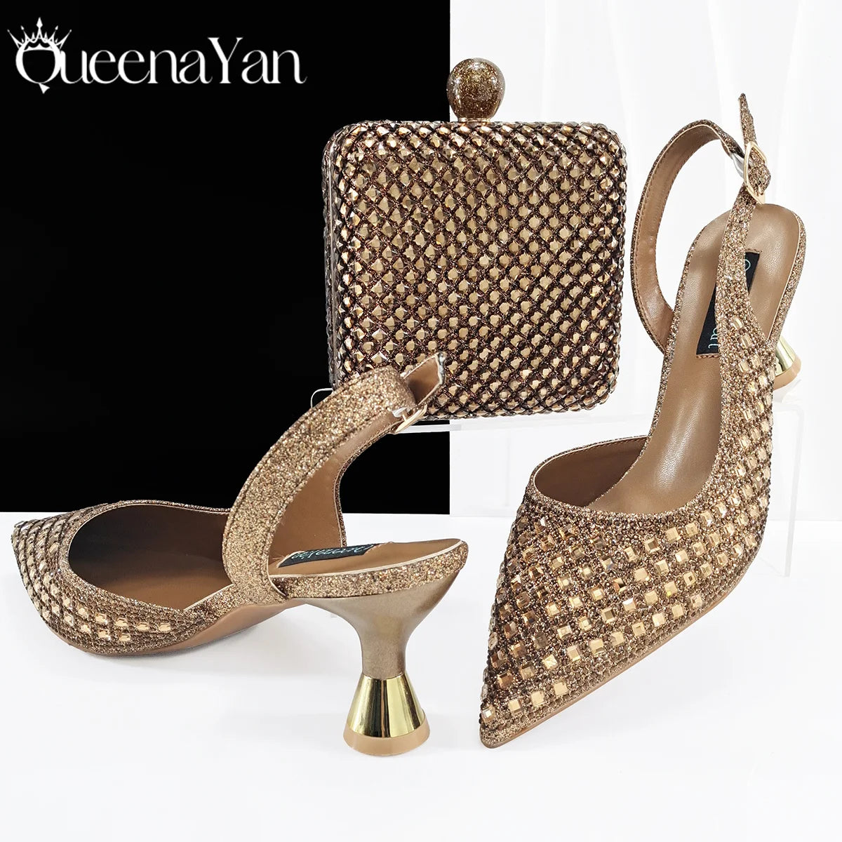 Queena Yan Italian design green pointed toe high heels and matching rhinestone luxury bag set for women’s party fashion.