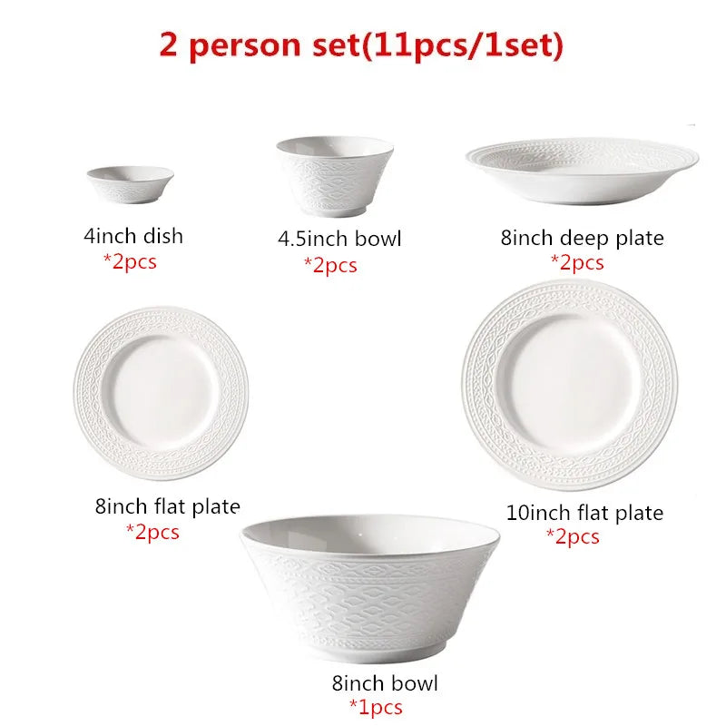 Luxury white Nordic relief ceramic dinnerware set including salad bowls, soup bowls, flat plates, and serving tray by 𝕄𝕔 𝕋𝕙𝕖 𝔹𝕝𝕒𝕔𝕜 𝔻�
