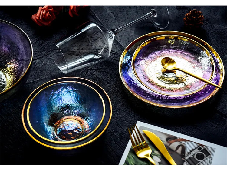 Rainbow glass dinner plates and salad bowls with gilt rim from ๐๐ ๐๐๐ ๐น๐๐๐๐ ๐ป๐๐๐๐