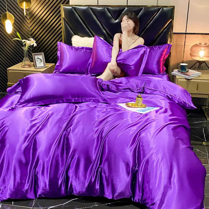 Luxurious solid rayon silk bedding set with duvet cover, bed sheet, and satin pillowcases from 𝕄𝕔 𝕋𝕙𝕖 𝔹𝕝𝕒𝕔𝕜 𝔻𝕚�