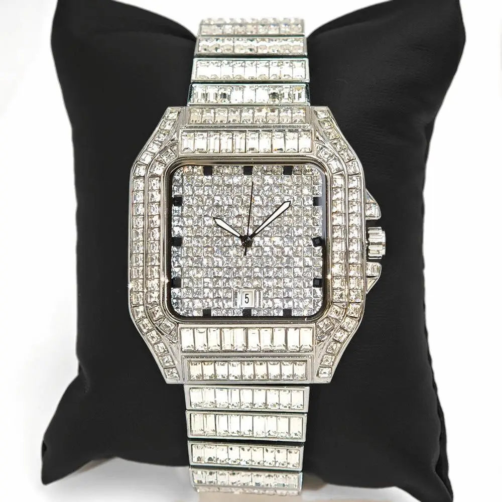 Luxury MC THE BLACK DIAMOND rose gold stainless steel men's watch with iced out diamonds, rectangular quartz dial, and fashionable design.