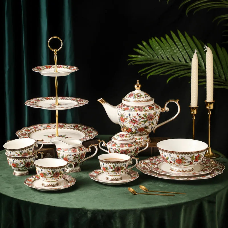 French floral bone china coffee cup and saucer set with delicate design, ideal for afternoon tea and dessert.