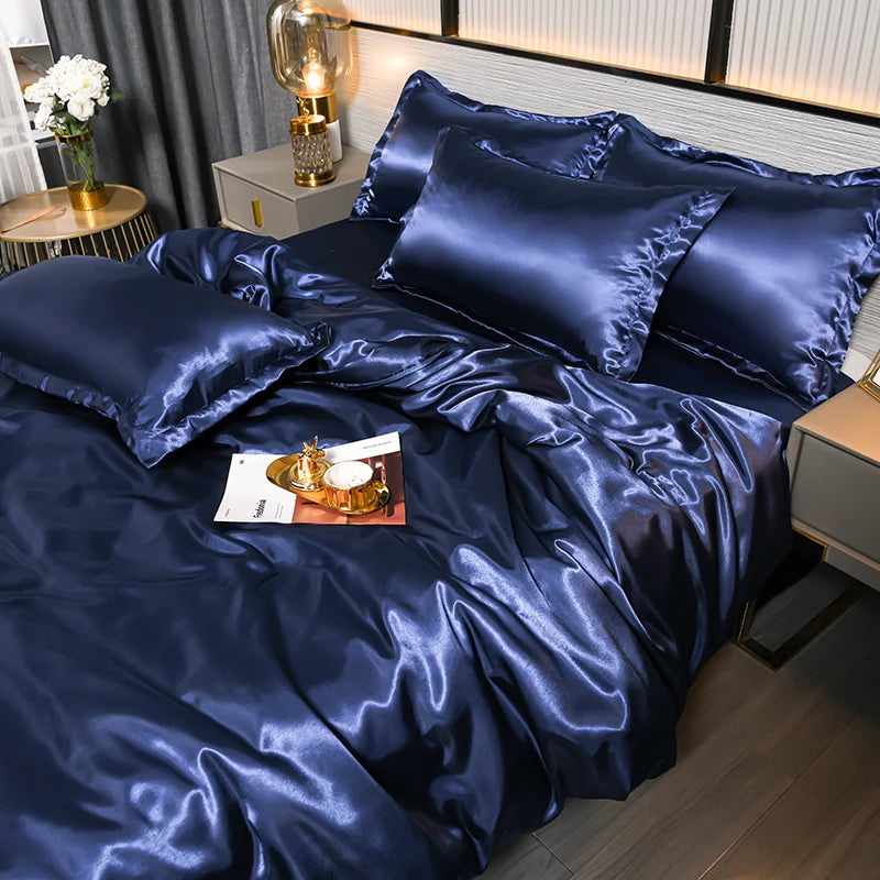 Luxurious Mulberry silky bedding set with queen satin duvet cover and sheets, soft, skin-friendly, high-end satin bed linens.