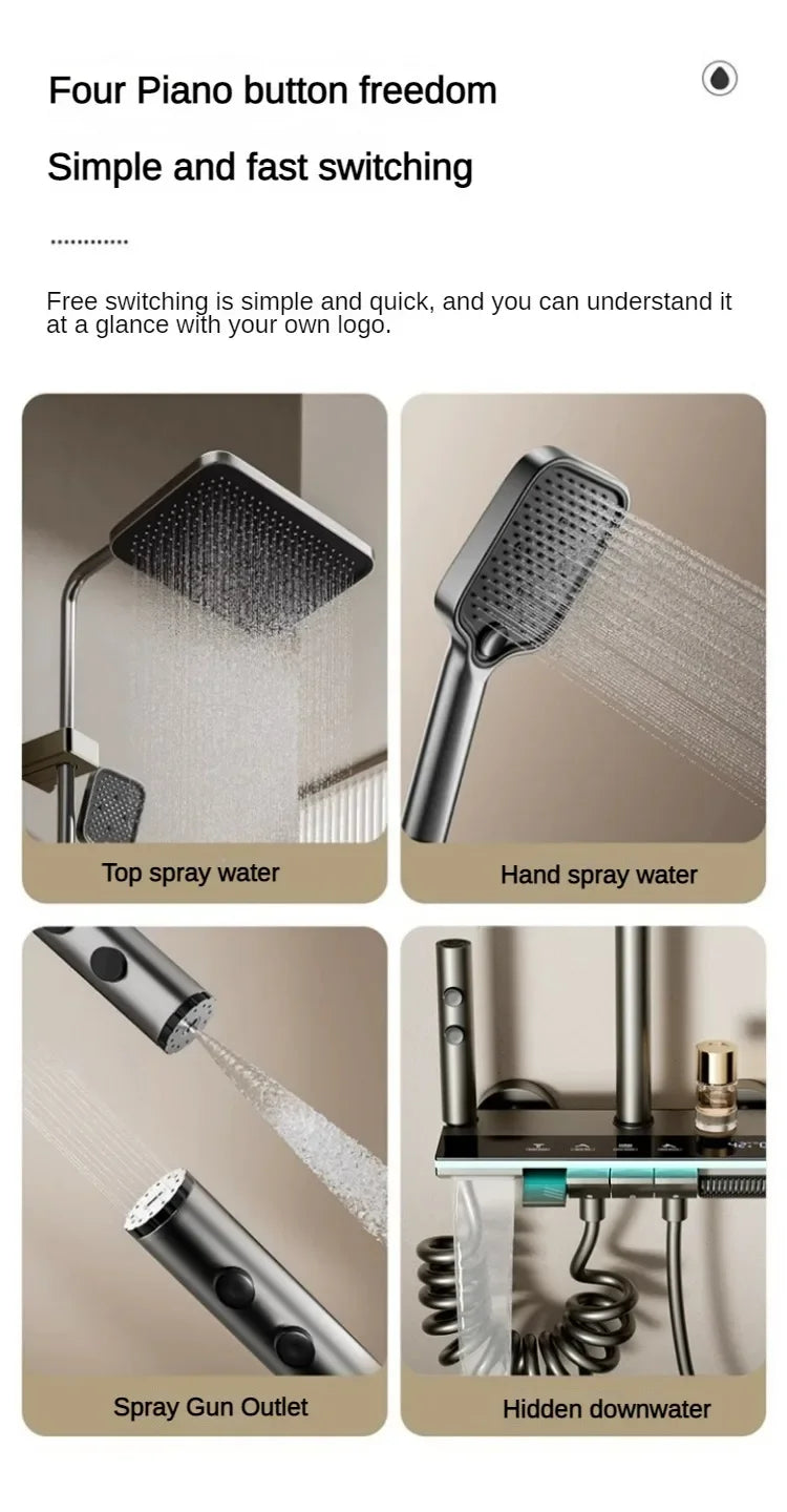 Grey four-function smart digital display shower set with rainfall and pressurized wall-mounted faucet, designed for bathtub and shower.