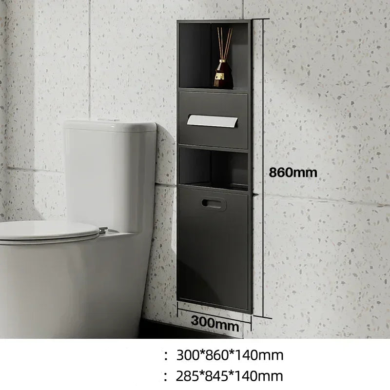 Stainless steel niche bathroom trash can and tissue storage rack embedded in bathroom cabinet, finished with sleek metal design.