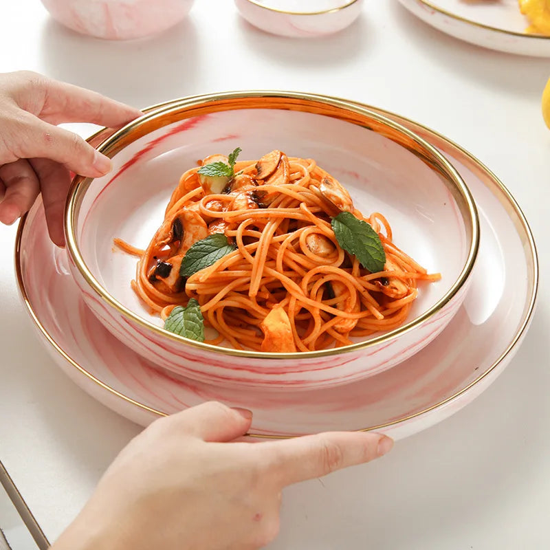 Pink gilded marble pattern porcelain dinner plate and bowl set with spoon, ceramic dinnerware by MC THE BLACK DIAMOND.