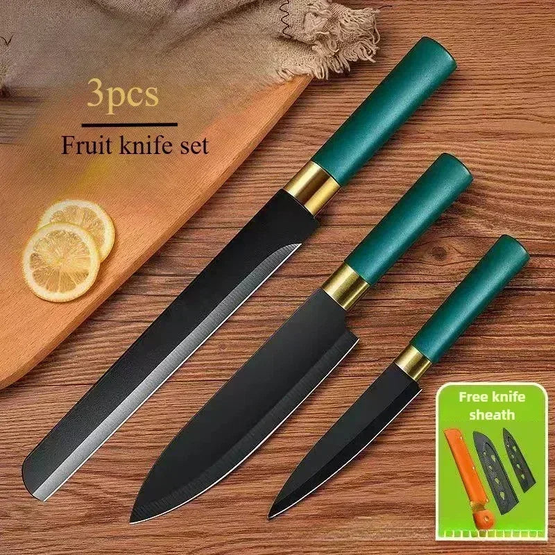 Portable Mc The Black Diamonds kitchen knife set with durable, wear-resistant slicing and meat cutting knives for home use.