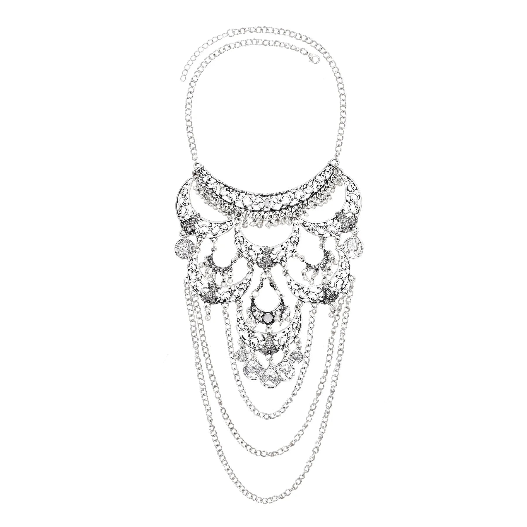 Retro silvery cross chain necklace with moon pendant, ethnic gypsy style jewelry, worn with traditional Afghan or boho outfits.