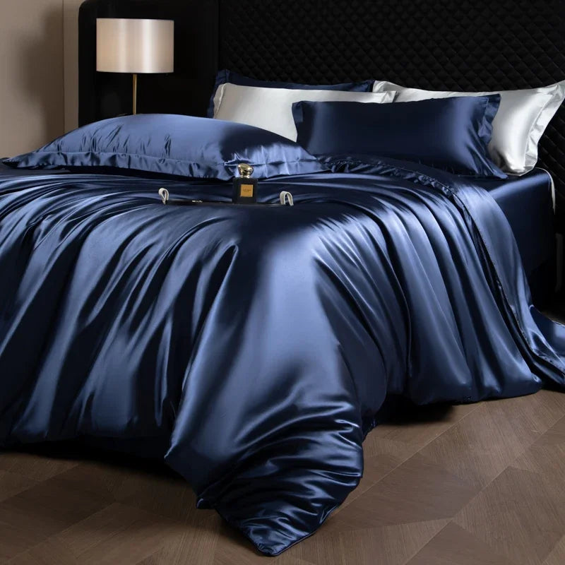 Luxury silk bedsheet set with duvet cover, pillowcases, fitted and flat sheets in king, queen, full, and twin sizes by 𝕄𝕔 𝕋𝕙𝕖 𝔹𝕝𝕒𝕔𝕜