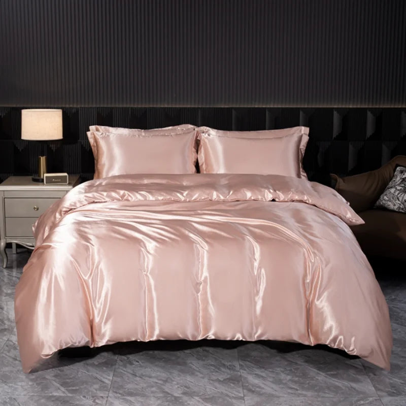 Luxurious solid silk bedsheet set with duvet cover, pillowcases, and bed sheet by 𝕄𝕔 𝕋𝕙𝕖 𝔹𝕝𝕒𝕔𝕜 𝔻𝕚�