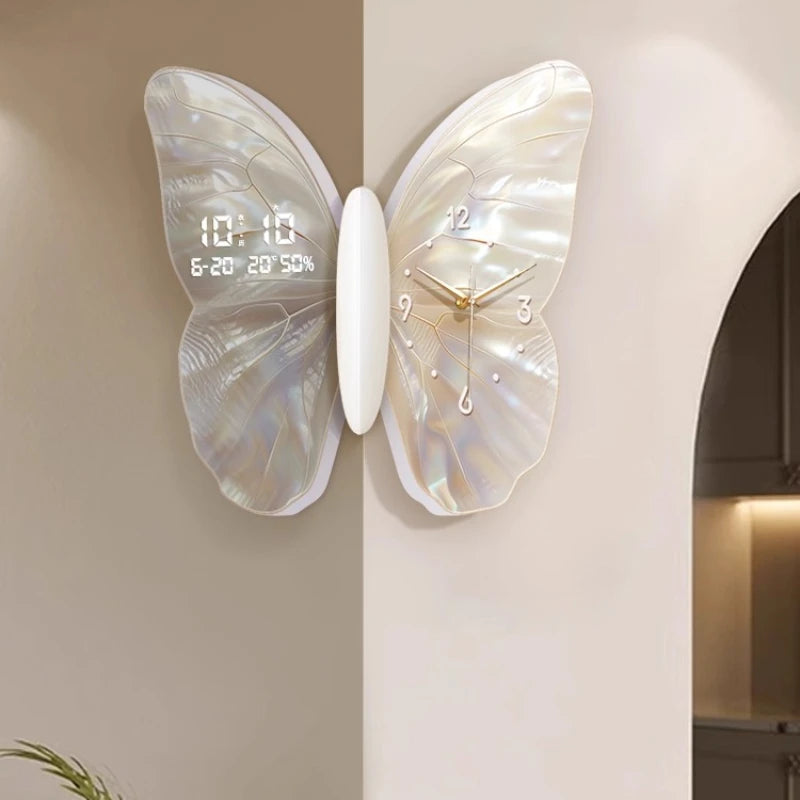 Modern MC THE BLACK DIAMOND butterfly wall clock with double-sided digital display, mute mechanism, suitable for living room decor.