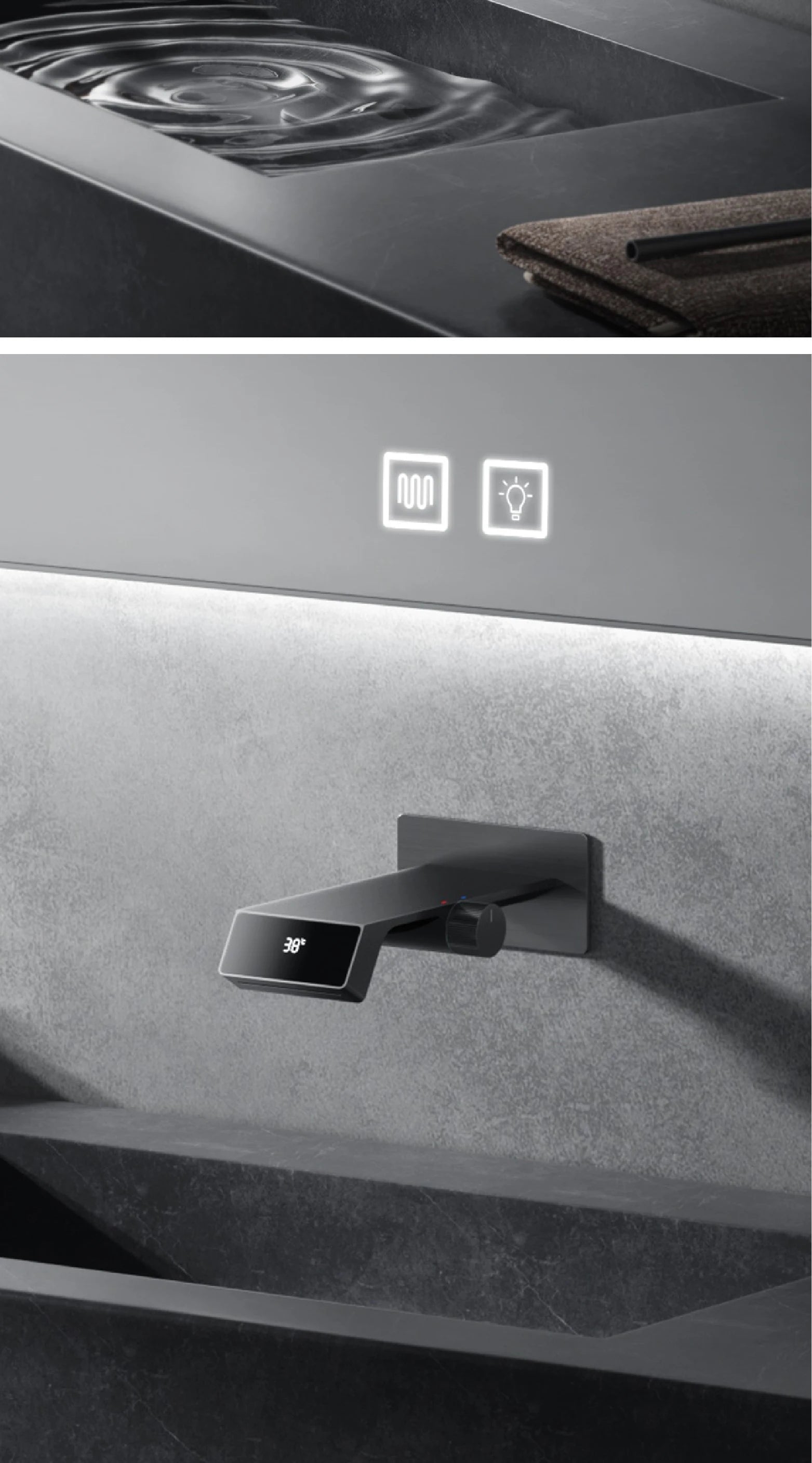 Luxury gray brass bathroom faucet with LED digital display by MC THE BLACK DIAMOND, featuring modern home decor style.