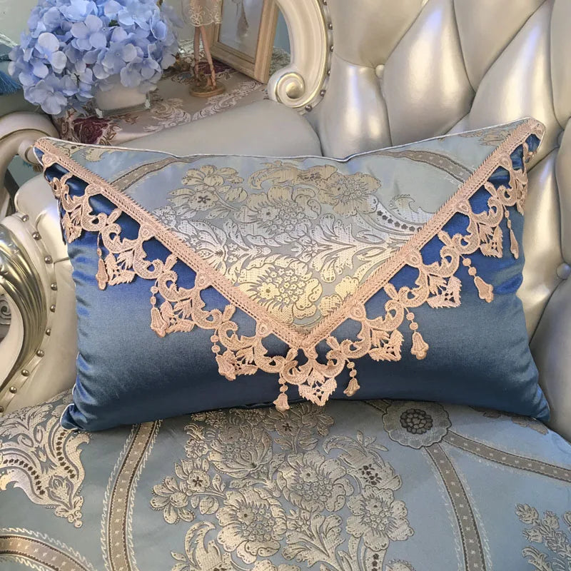 European luxury Jacquard tassel lace sofa pillow cushion cover with decorative rectangular design, large backrest cushion cover.