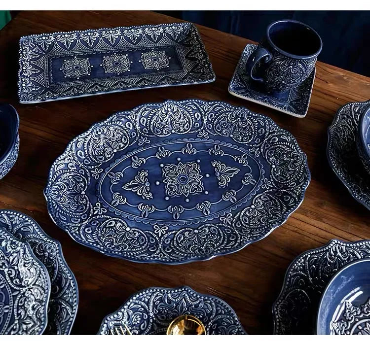 Blue retro relief ceramic kitchen dishes set by 𝕄𝕔 𝕋𝕙𝕖 𝔹𝕝𝕒𝕔𝕜 𝔻𝕚𝕒𝕞𝕠𝕟
