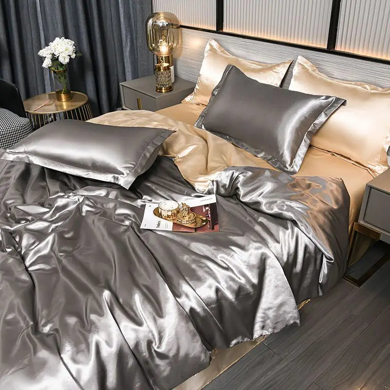 Luxury Nordic satin silk bedding set by MC THE BLACK DIAMOND, featuring duvet cover, bedsheet, and pillowcases in solid design.