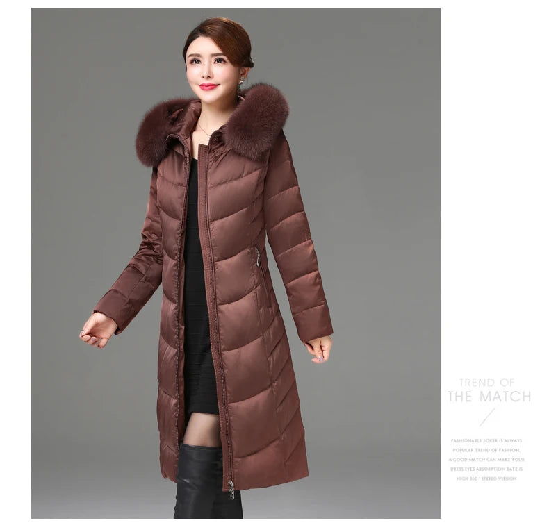 Shengyu Boya women's knee-length down jacket with large fur collar, slim fit, thickened outwear for middle-aged and elderly women.