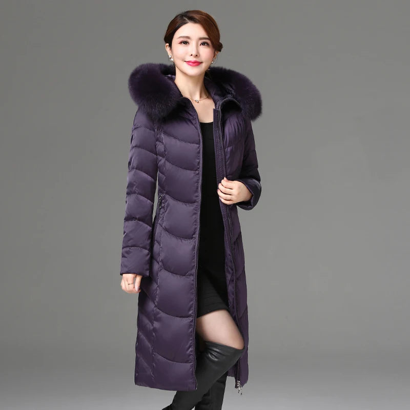 Shengyu Boya women's knee-length down jacket with large fur collar, slim fit, thickened outerwear for middle-aged and elderly women.