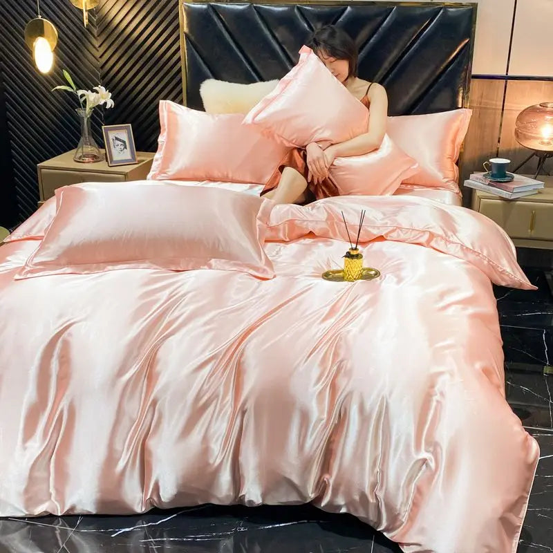 Luxury solid rayon silk bedding set with duvet cover, bed sheet, and satin pillowcases from 𝕄𝕔 𝕋𝕙𝕖 𝔹𝕝𝕒𝕔𝕜 𝔻𝕚�