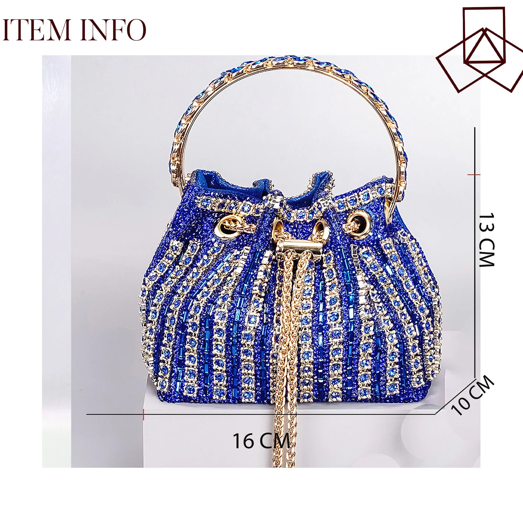 Royal blue MC THE BLACK DIAMOND high heels and metallic bucket bag with drill chain decoration, perfect for elegant banquets.
