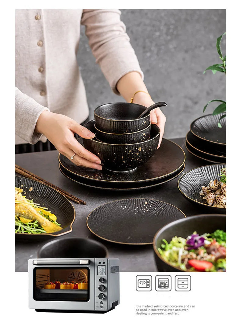 Set of black porcelain dinner plates with gilt rim, featuring elegant ceramic tableware for rice, salad, and noodles.