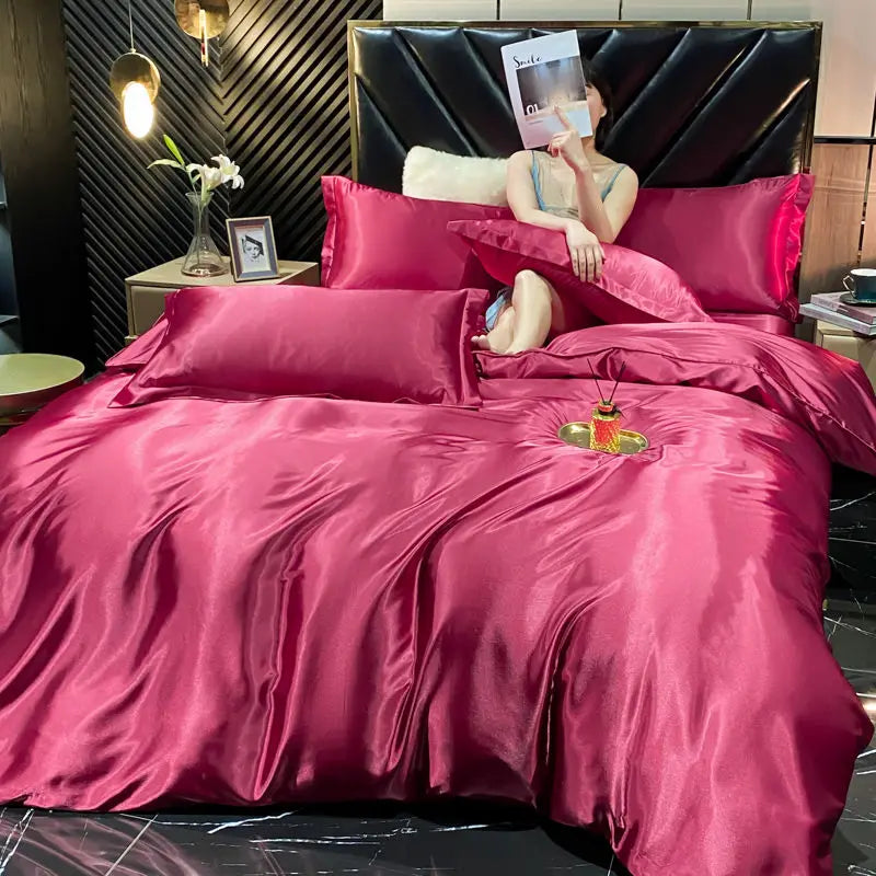 Luxury solid rayon silk bedding set with duvet cover, bed sheet, and satin pillowcases from 𝕄𝕔 𝕋𝕙𝕖 𝔹𝕝𝕒𝕔𝕜 𝔻𝕚�