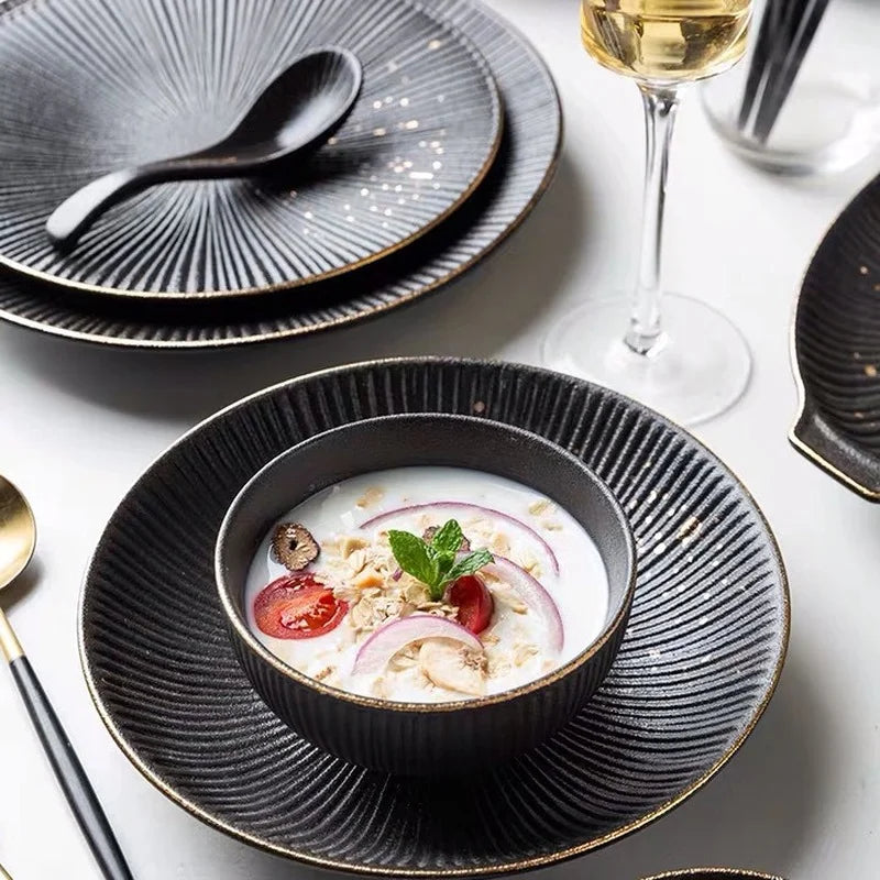Luxury black striped porcelain dinner plate with gold border, part of 𝕄𝕔 𝕋𝕙𝕖 𝔹𝕝𝕒𝕔𝕜 𝔻𝕚𝕒𝕞�
