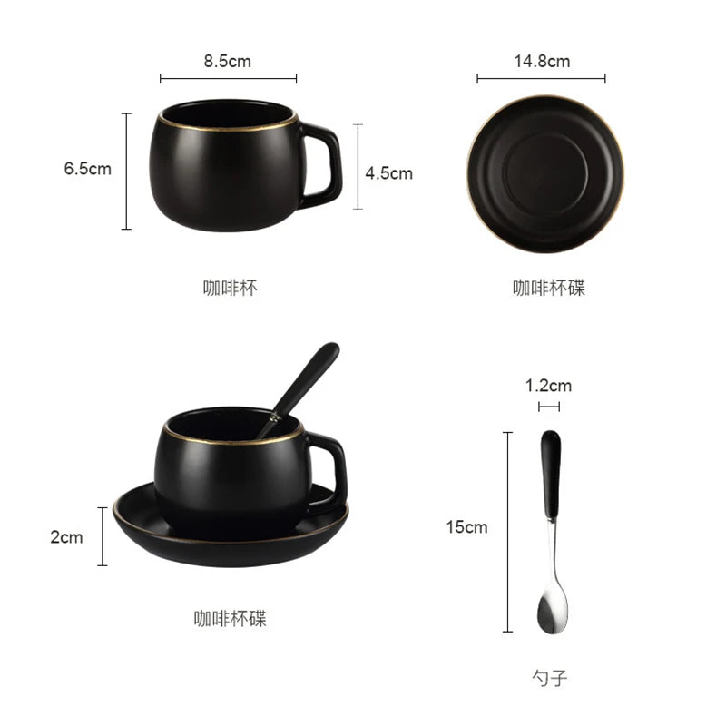 Creative matte black ceramic coffee cup with gold border and matching saucer, ideal for modern restaurant or home cafe decor.