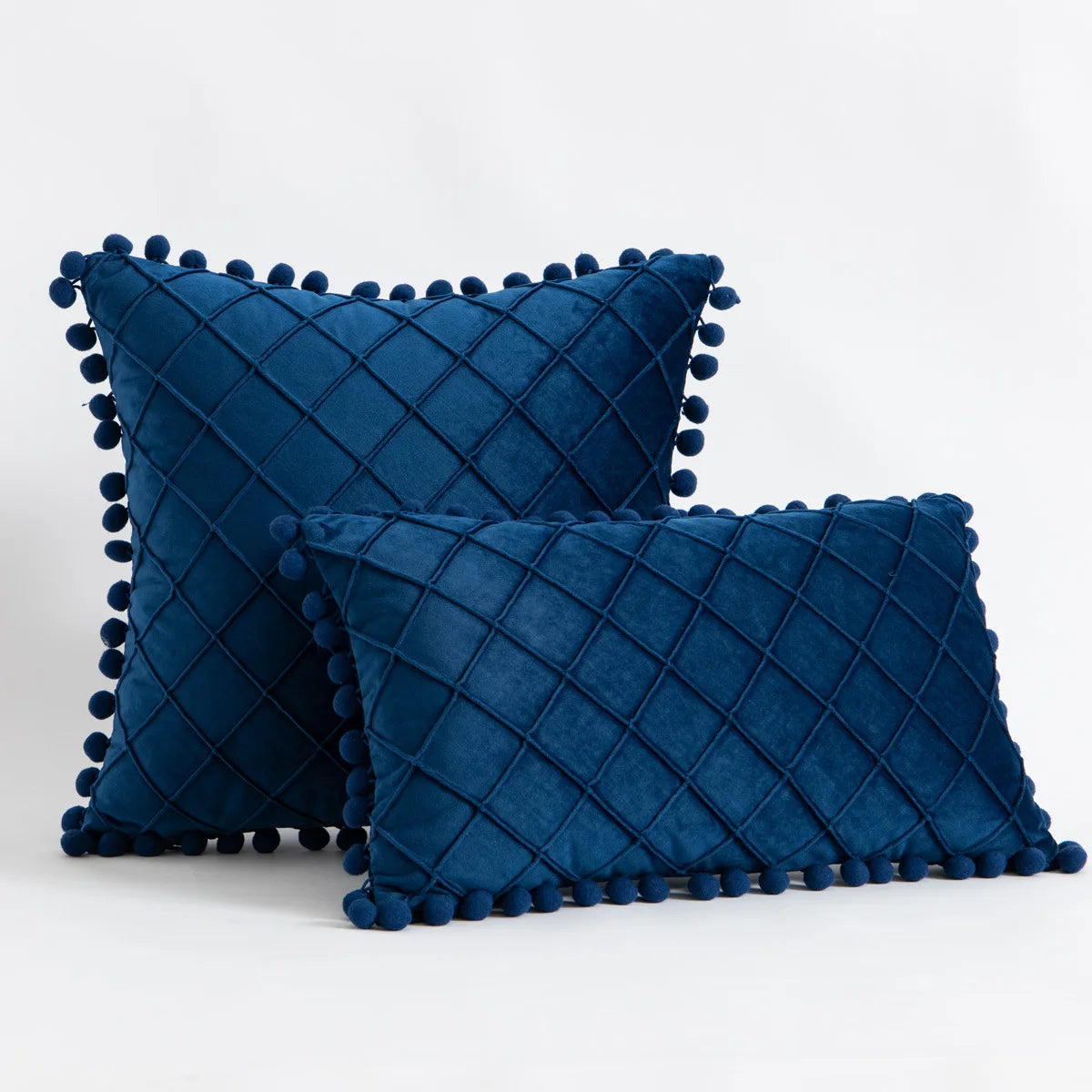 Yellow and orange velvet lumbar pillow covers with diamond stripes, pompoms, and tassels, 30x50cm or 45x45cm, by MC THE BLACK DIAMOND.
