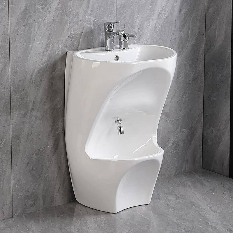 Ceramic wall-mounted and floor-standing Wudu basin by MC THE BLACK DIAMOND, designed for Muslim foot wash and ritual cleansing.