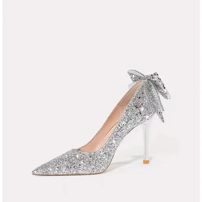 Silver crystal soft leather high heels slip-on shoes with pointed toes, ideal for weddings and banquets by Mohammand Collection.