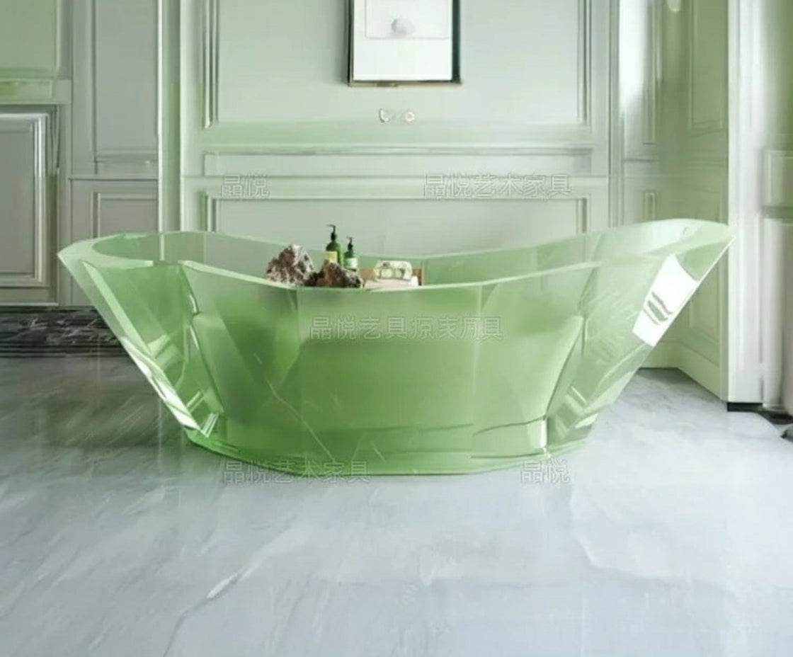 Clear acrylic freestanding bathtub by MC THE BLACK DIAMOND, featuring a transparent, modern design with a sleek, corrugated exterior.