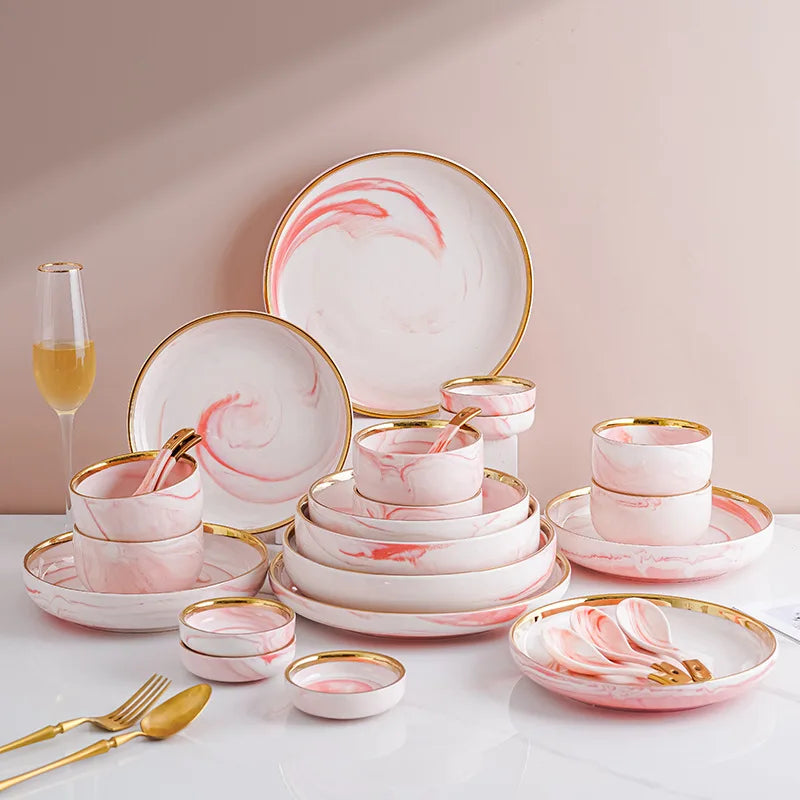 Pink gilded marble pattern porcelain dinner plate and bowl set with spoon, ceramic kitchen dinnerware by MC THE BLACK DIAMOND.