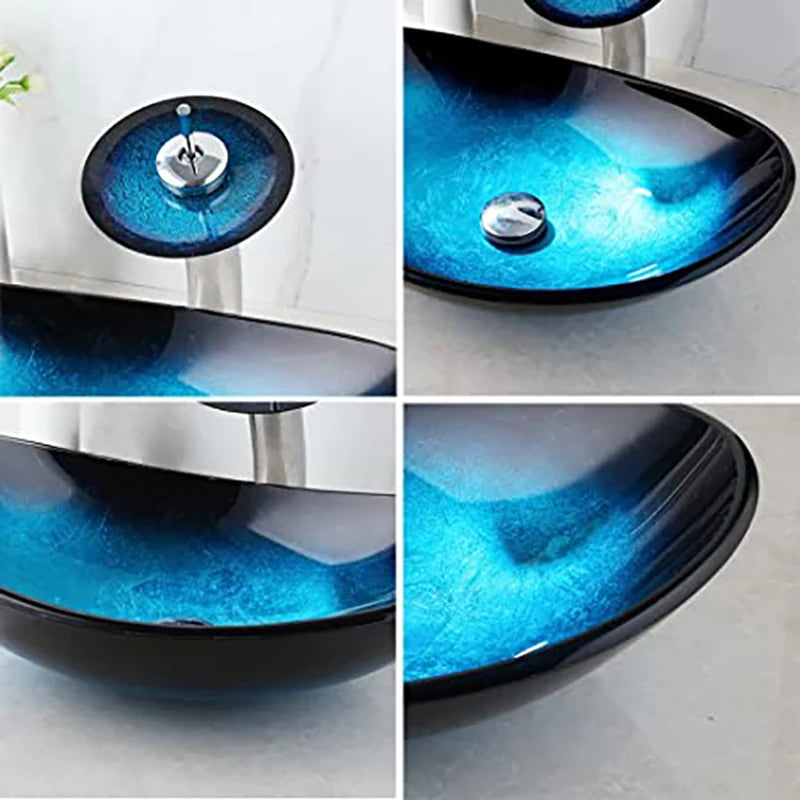 Black faucet and blue oval vessel sink with tempered glass basin and waterfall spout, mounted above counter in modern bathroom setting.