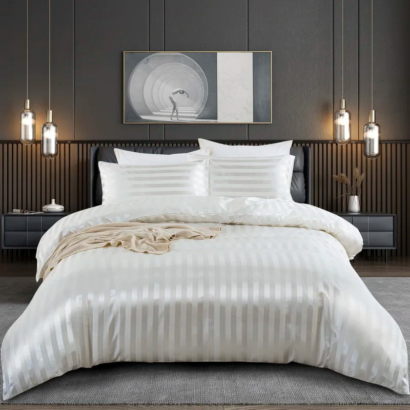 Luxury ivory white satin striped duvet cover set from 𝕄𝕔 𝕋𝕙𝕖 𝔹𝕝𝕒𝕔𝕜 𝔻𝕚𝕒𝕞𝕠�