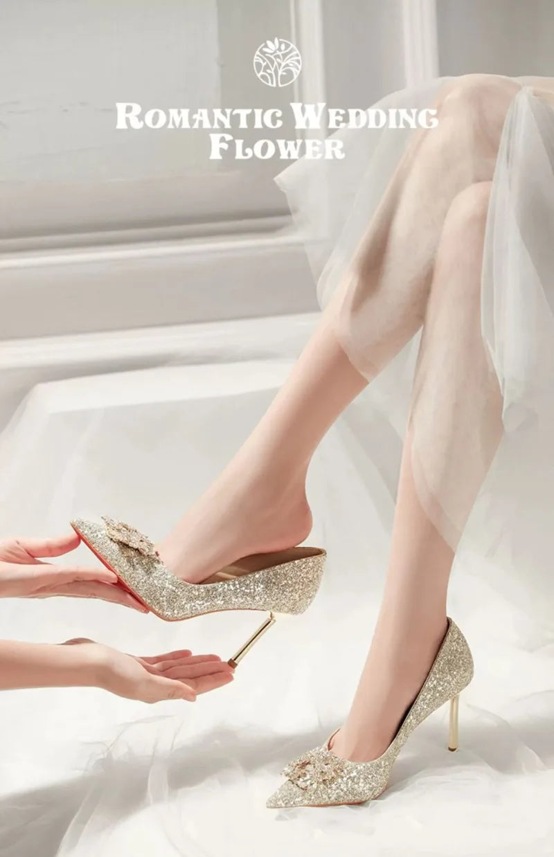 Women's high heel shoes by Mohammad Collection with crystal embellishments, pointed toe, elegant retro design, perfect for parties and weddings.