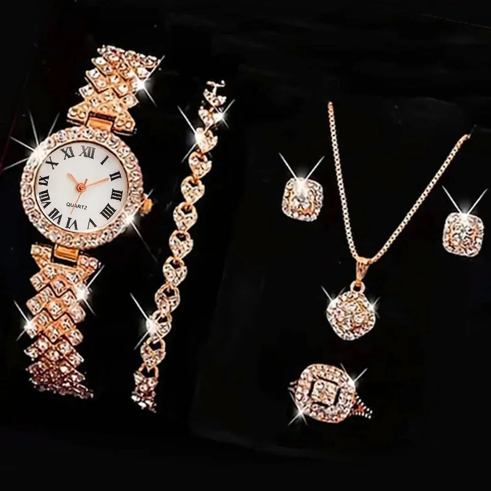 Casual ladies quartz wrist watch bracelet set with six jewelry pieces from Mohammad Collection, featuring stylish designs and metallic finishes.