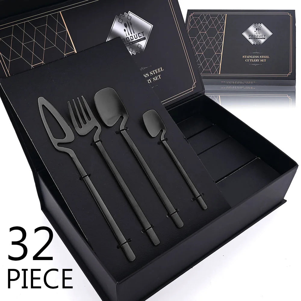 Black matte stainless steel cutlery set with forks, knives, and spoons from 𝕄𝕔 𝕋𝕙𝕖 𝔹𝕝𝕒𝕔𝕜 𝔻𝕚𝕒�
