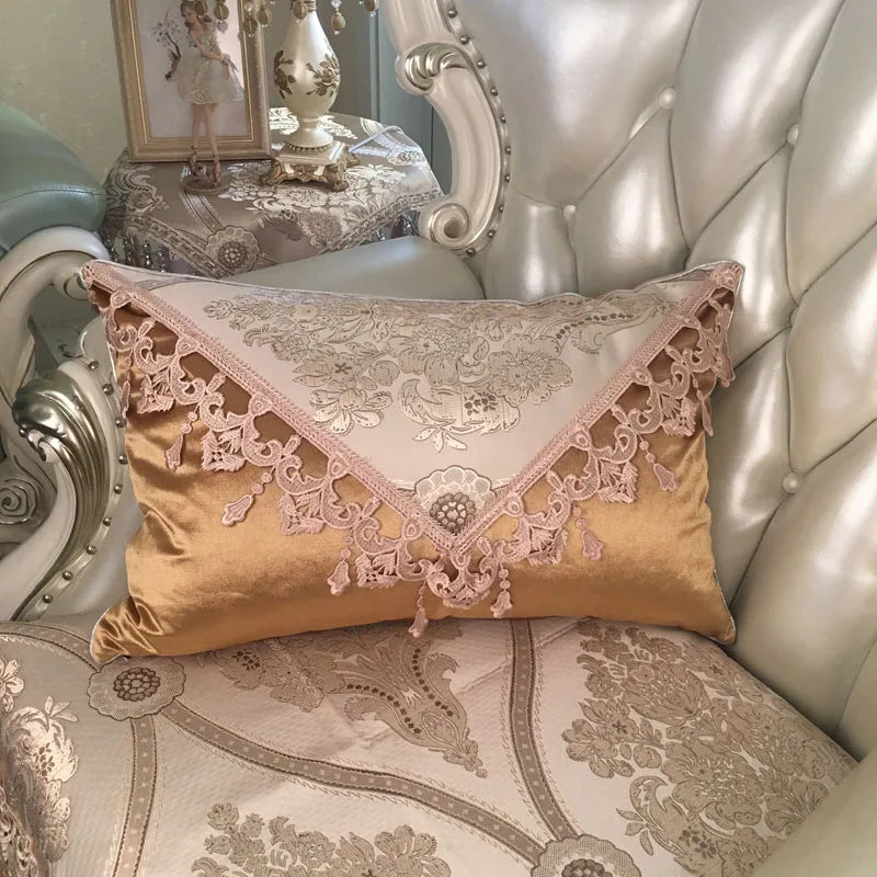 European Luxury Jacquard Tassel Lace sofa pillow cushion cover, rectangular decorative home decor, large backrest cushion.
