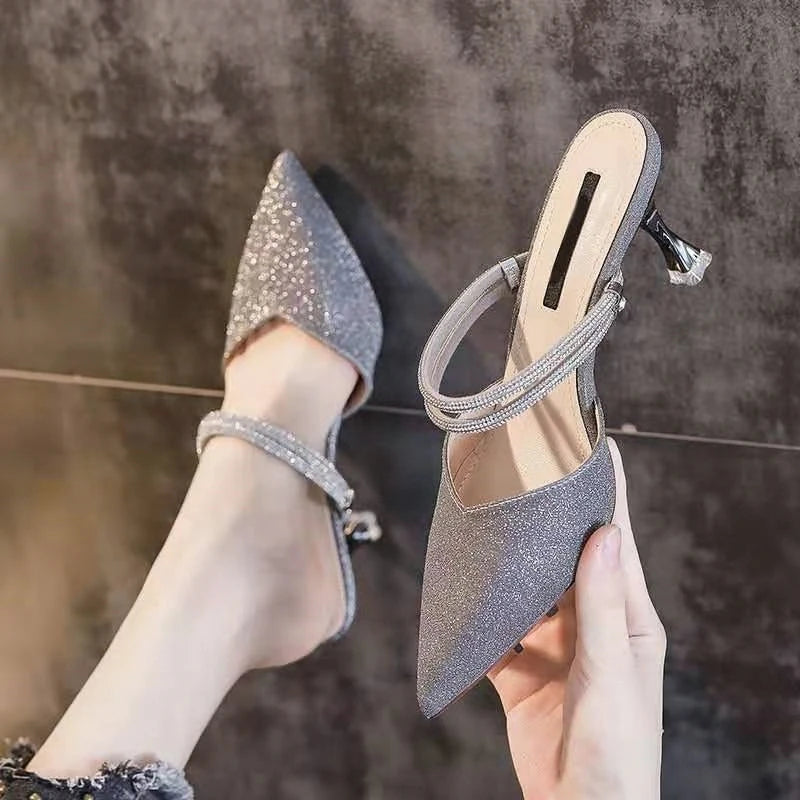 Women's Faionable f slip-on heels with thin square heel, blue fairy-like design, high-end PU material, two-way wear by Mohammad Collection.