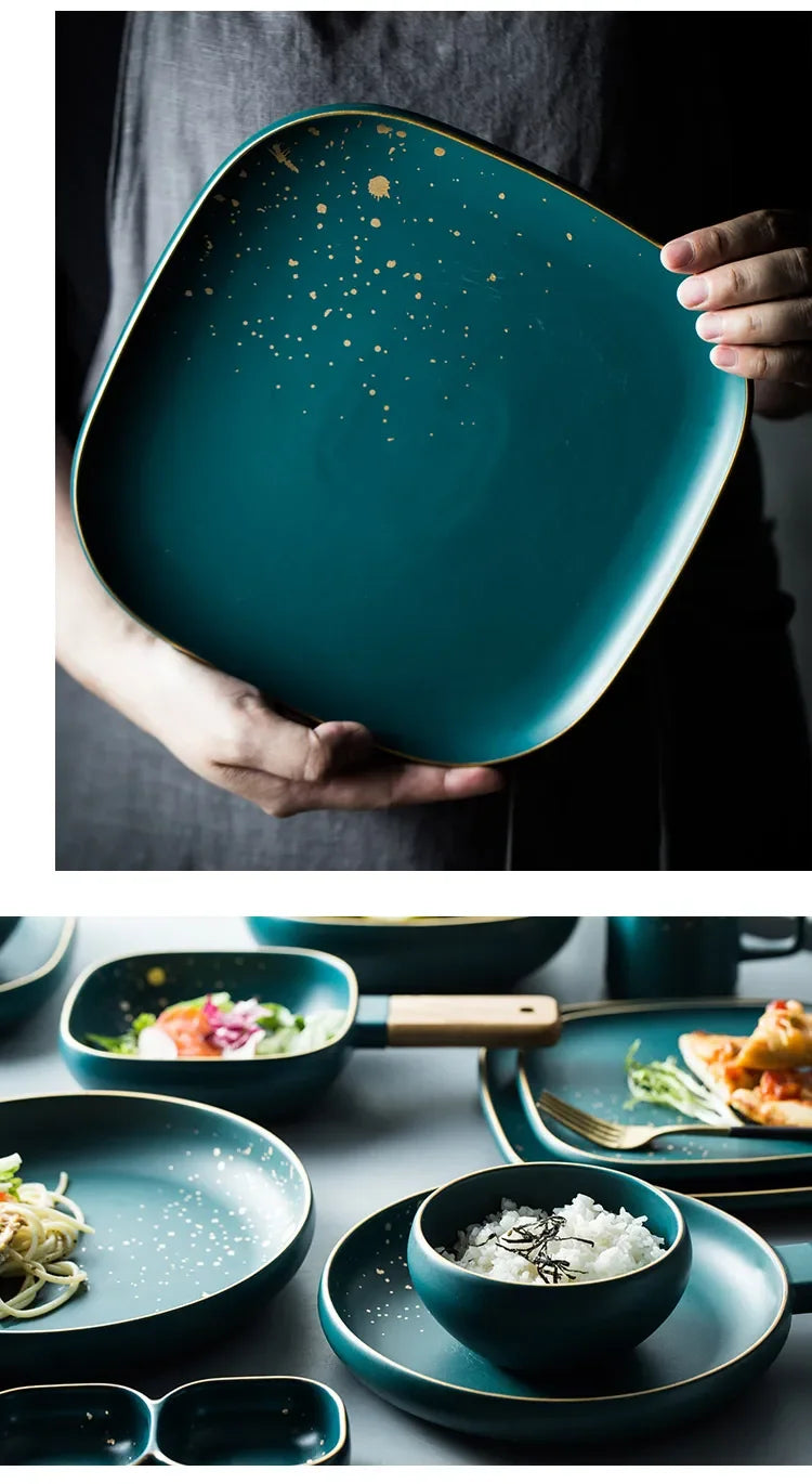 Nordic dark green ceramic Western plate and plate set by 𝕄𝕔 𝕋𝕙𝕖 𝔹𝕝𝕒𝕔𝕜 𝔻𝕚𝕒𝕞𝕠