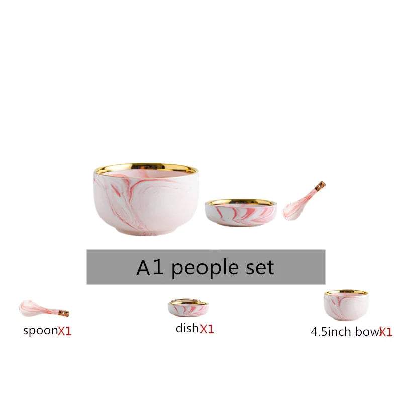 Pink gilded marble pattern porcelain dinner plate set with bowls and spoons, ceramic kitchen tableware by MC THE BLACK DIAMOND