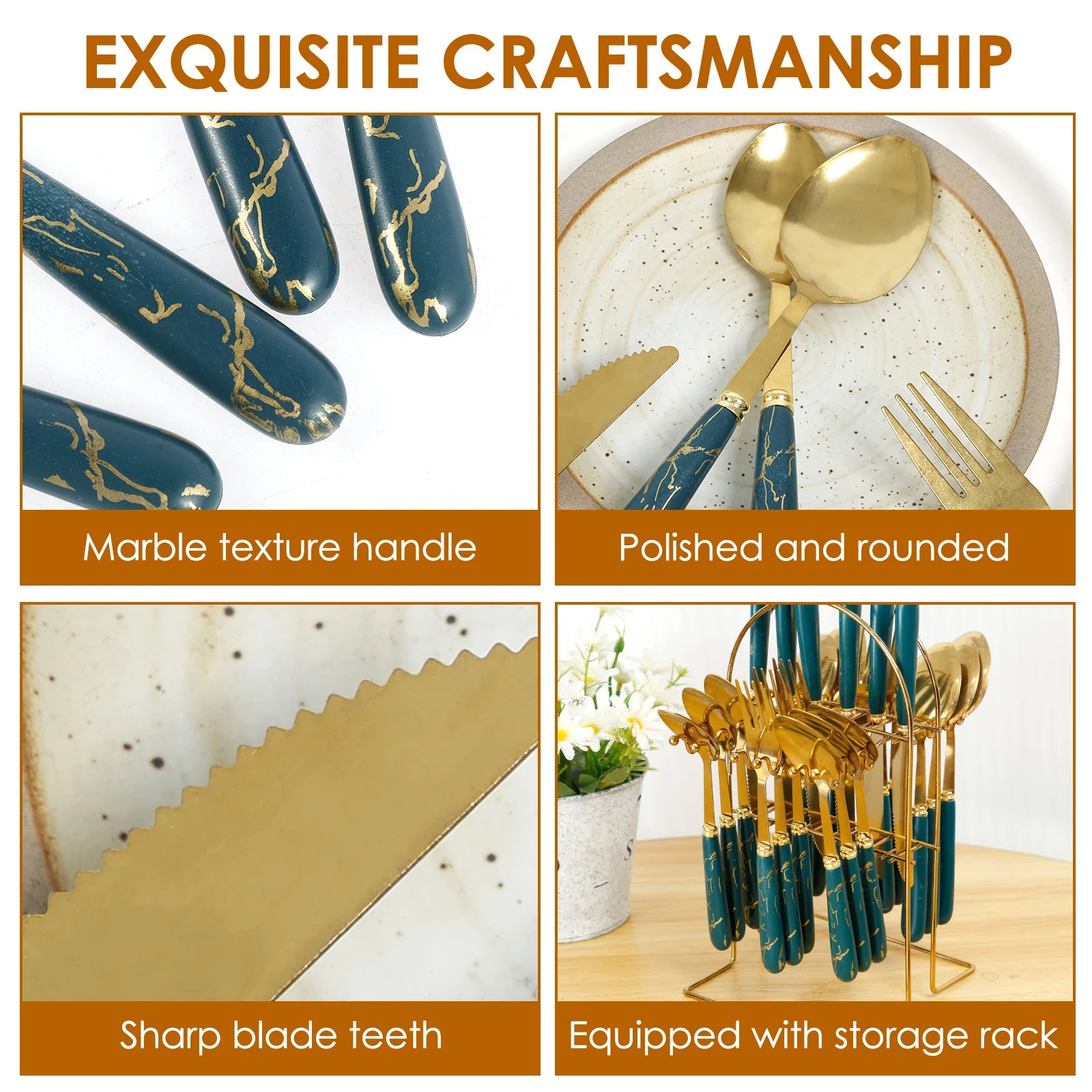 Stainless steel flatware set with 24 pieces and holder, including forks, knives, spoons from MC THE BLACK DIAMOND.