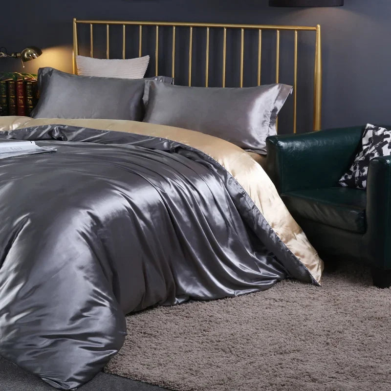 Luxury silk bedding set with duvet cover, sheets, and pillowcases in solid color from 𝕄𝕔 𝕋𝕙𝕖 𝔹𝕝𝕒𝕔𝕜 𝔻𝕚𝕒