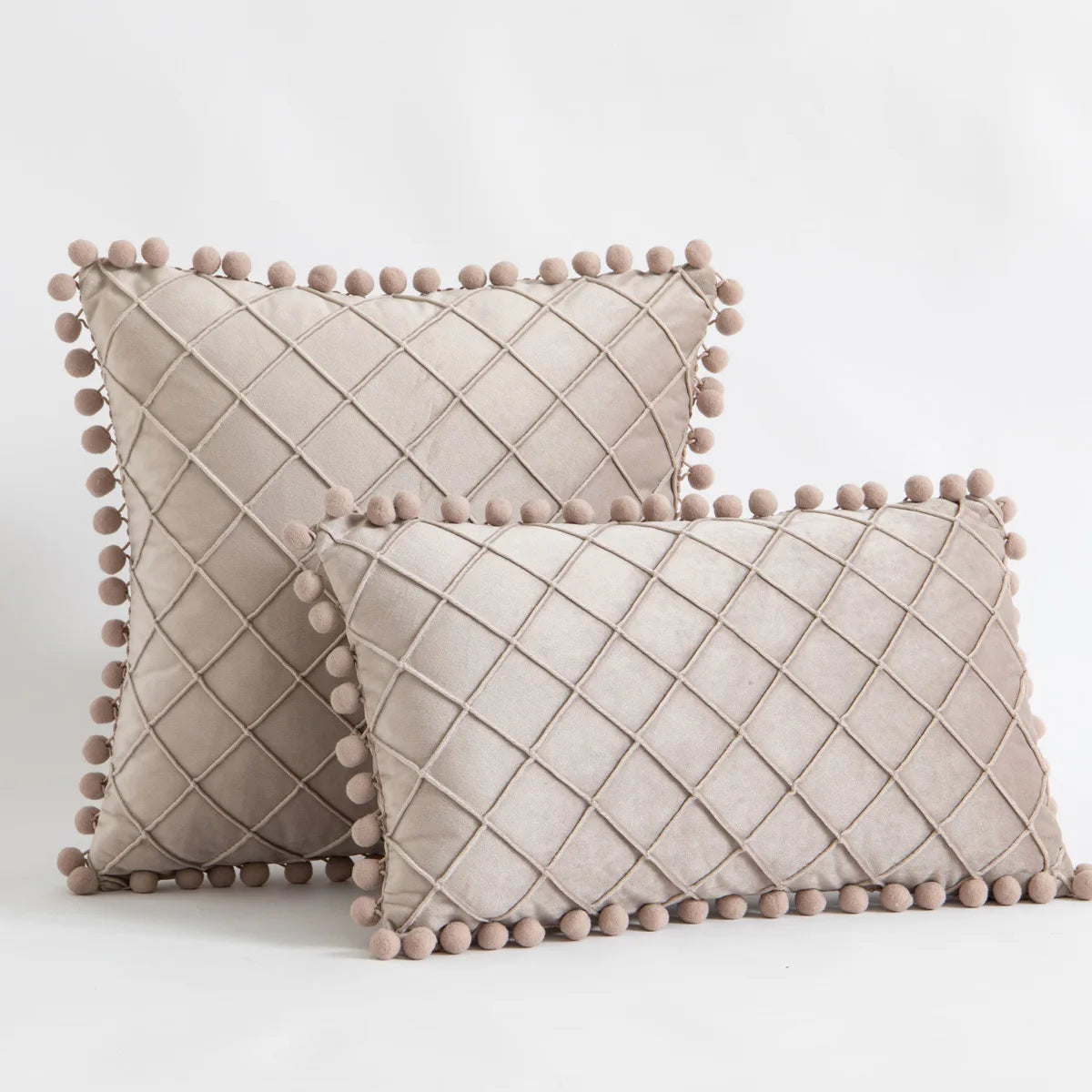 Yellow and orange velvet lumbar pillow cover with diamond stripes, cute pompom tassels, 30x50cm or 45x45cm, by MC THE BLACK DIAMOND.