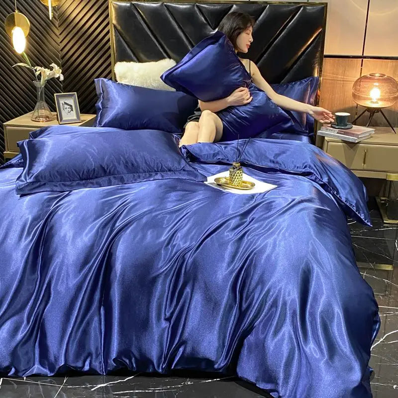 Luxury King single solid rayon silk bedding set with duvet cover, bed sheet, and satin pillowcases from 𝕄𝕔 𝕋𝕙𝕖 𝔹𝕝𝕒𝕔𝕜 𝔻𝕚