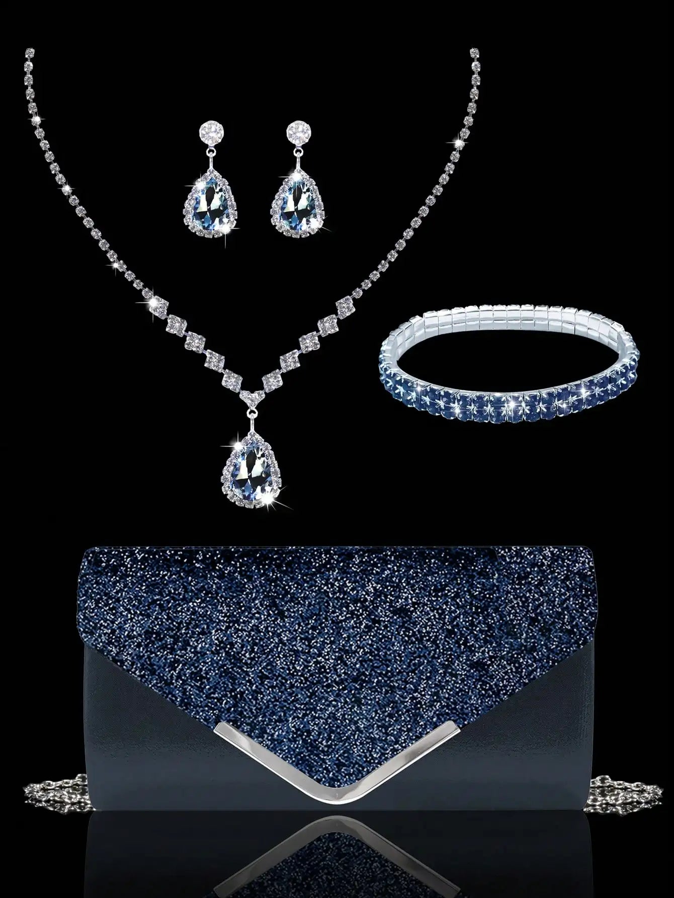 Sparkling MC THE BLACK DIAMOND sequined evening clutch with matching rhinestone necklace, earrings, and bracelet set.