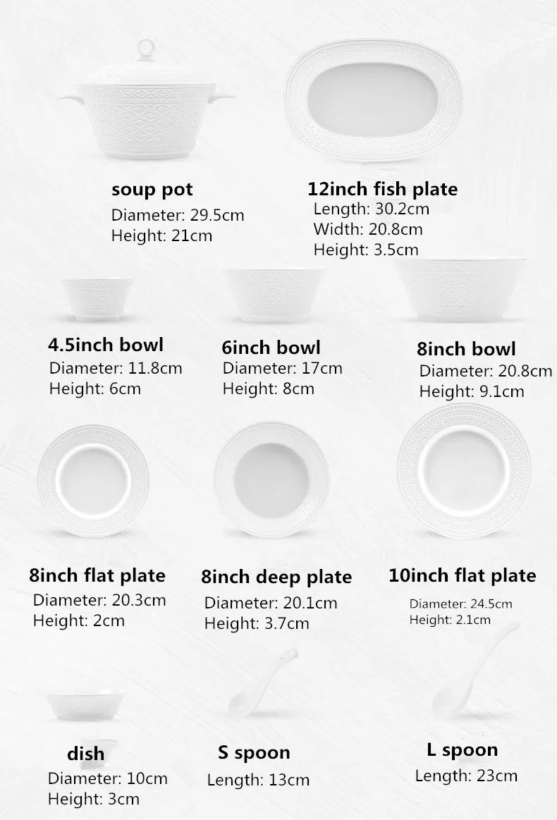 Luxury white Nordic relief ceramic dinnerware set with salad bowls, soup bowls, flat plates, and serving tray by 𝕄𝕔 𝕋𝕙𝕖 𝔹𝕝𝕒𝕔𝕜 𝔻�