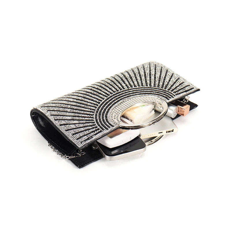 Elegant women's evening clutch bag with sparkling rhinestones and chain, featuring a luxurious diamond design for weddings and parties.