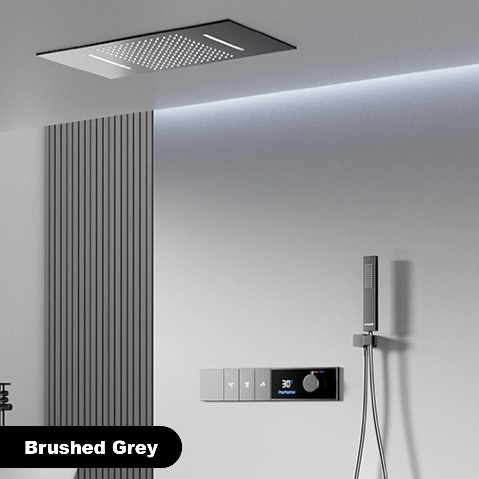 Luxury brass grey shower system with digital display, 3 spray modes, waterfall outlet, and bath mixer from 𝕄𝕔 𝕋𝕙𝕖 𝔹𝕝𝕒𝕔𝕜 𝔻�