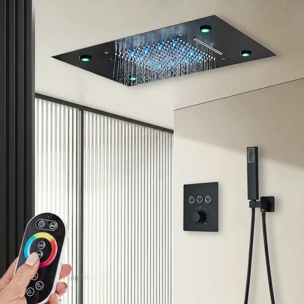 Black thermostatic bathroom shower faucet set by 𝕄𝕔 𝕋𝕙𝕖 𝔹𝕝𝕒𝕔𝕜 𝔻𝕚𝕒𝕞𝕠𝕟